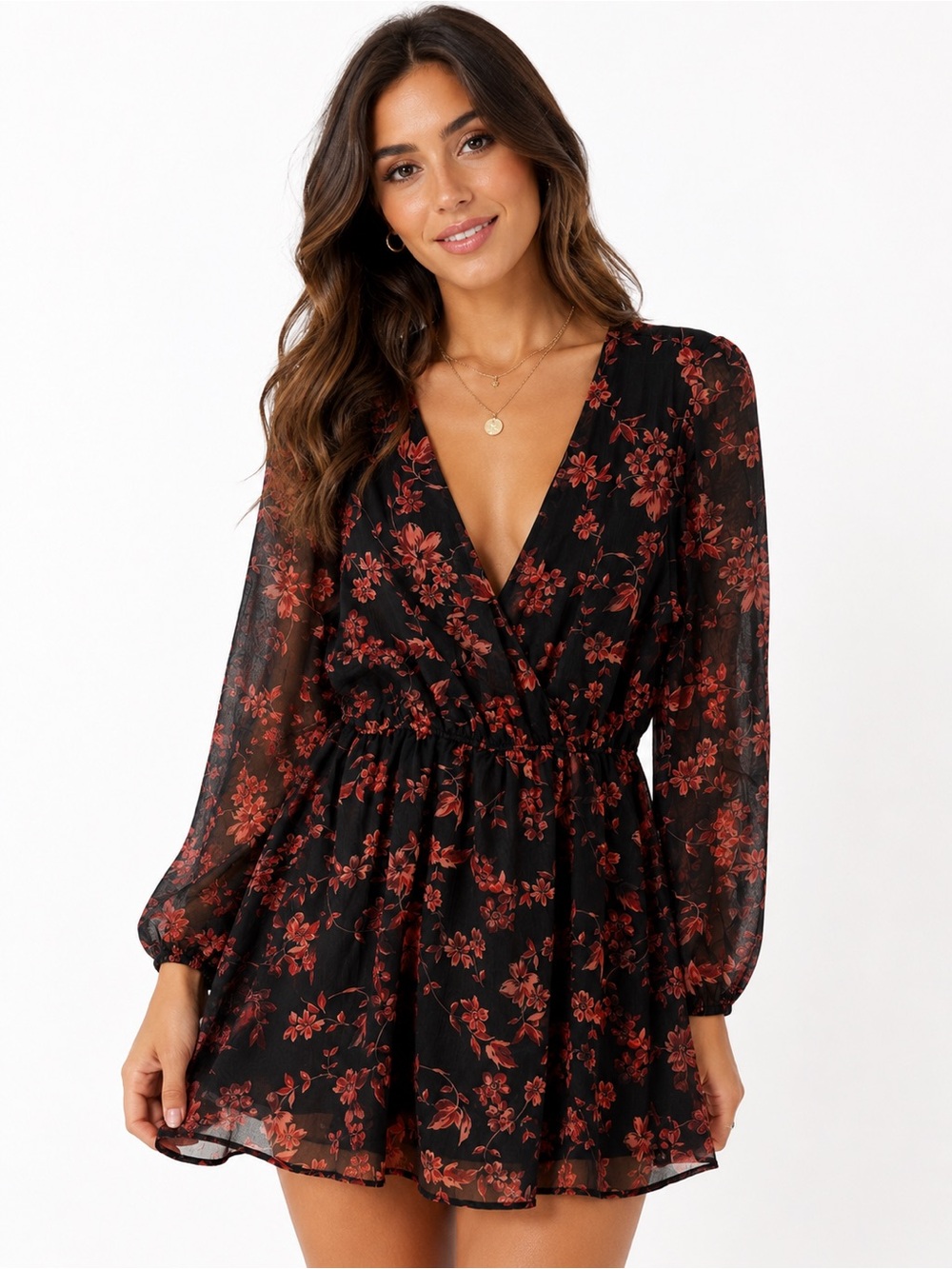 CUPSHE Black & Red Floral Sheer Mini Dress – Size Large